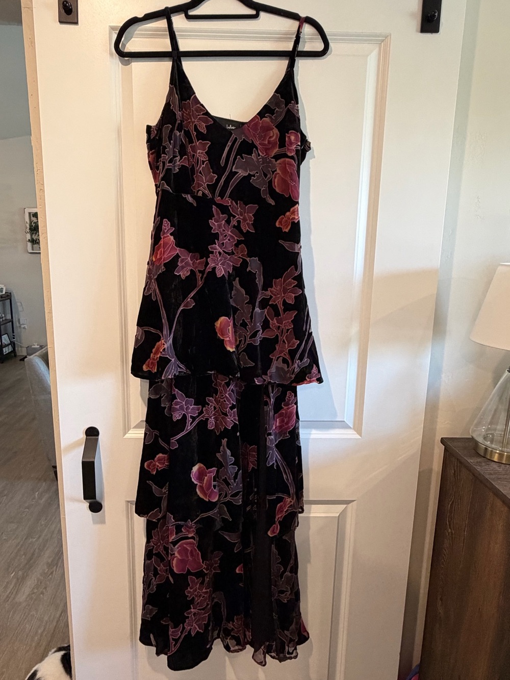Lulu's Black Tiered Maxi Dress with Pink & Purple Floral Accents